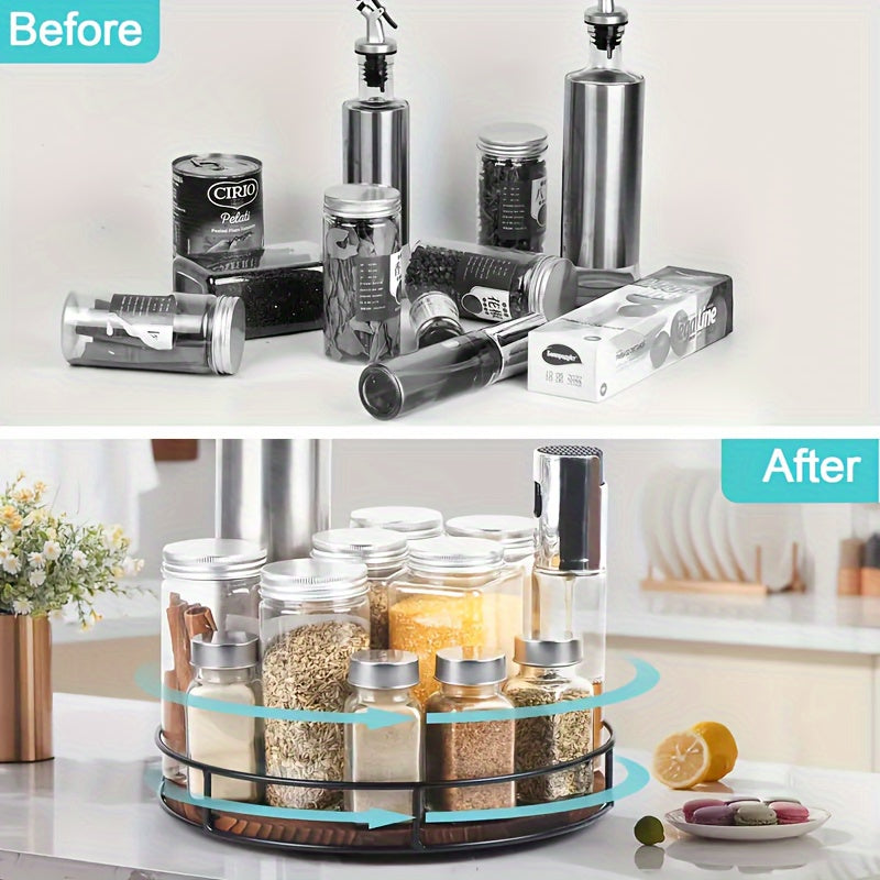 Wooden Rotating Storage Rack with Steel Handrails Kitchen Seasoning Turntable Solid Wood Organizer