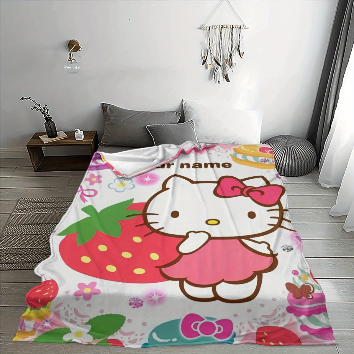 Cartoon Hello Kitty Custom Flannel Blanket Cozy Soft Warm Gift for Fans