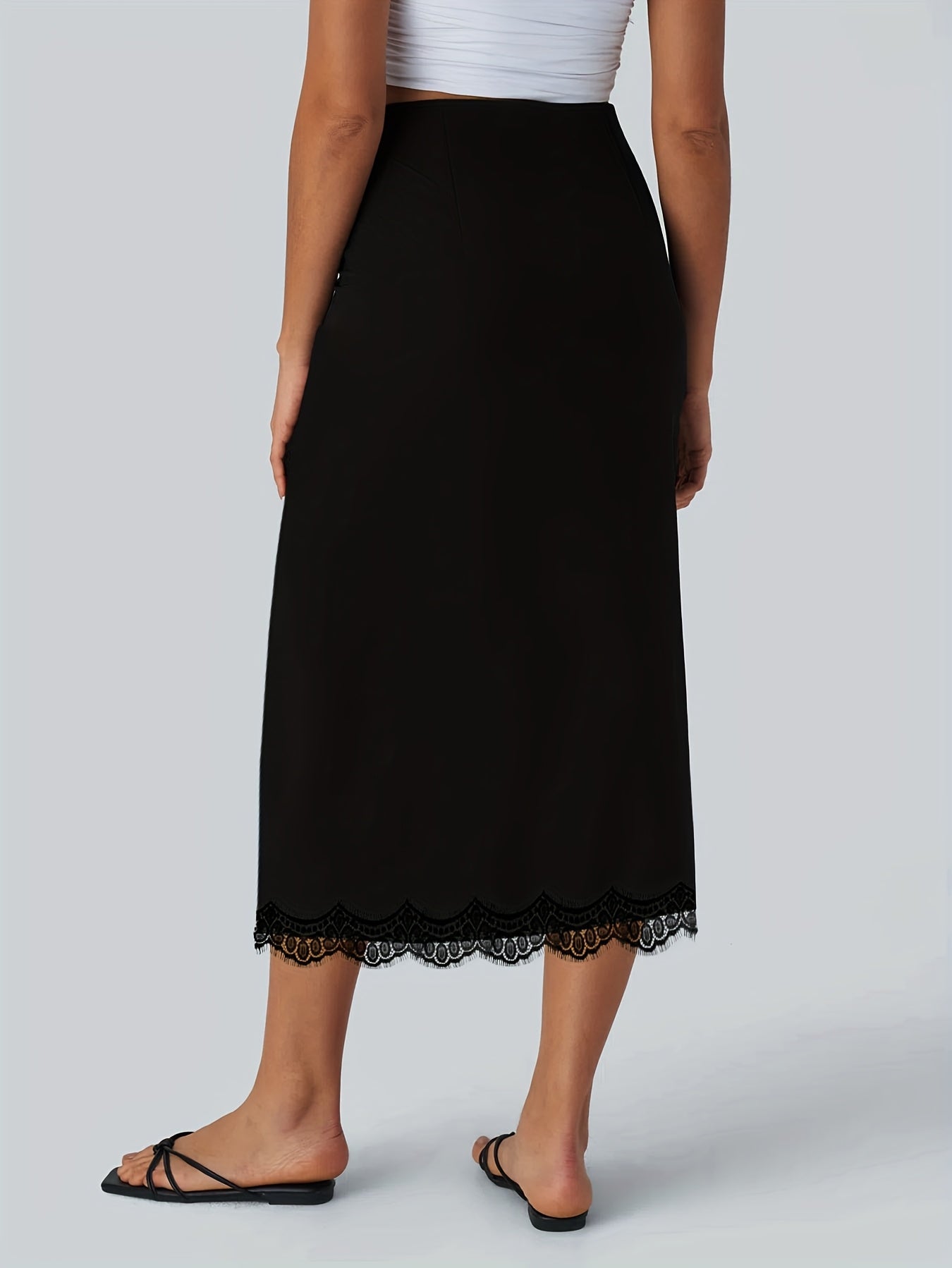 Plus Size Women's Lace Midi Skirt with Side Slit High-Waisted Stretchy Comfortable