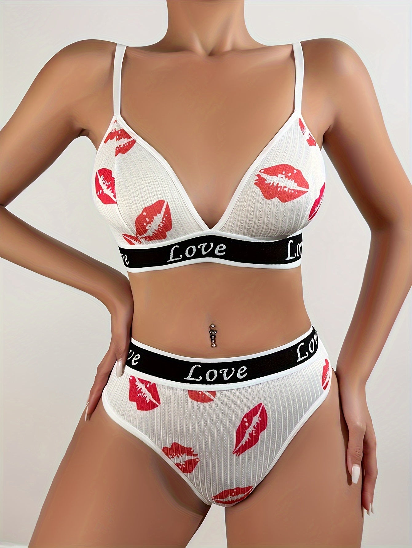 Women's Valentine's Day Lingerie Set with Red Lips Print and Love Letter Tape