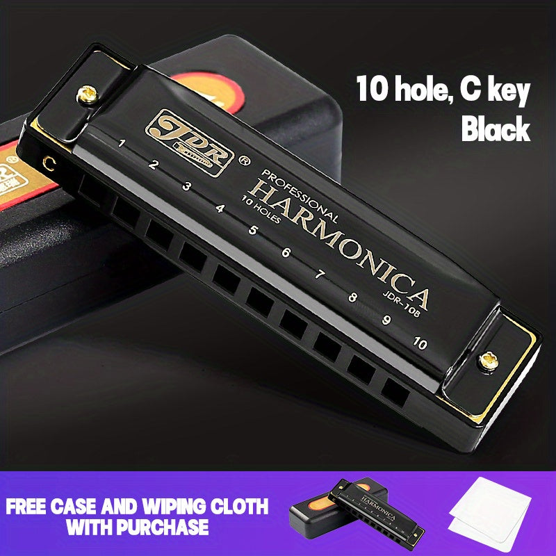 10-Hole C Key Blues Harmonica with Hard Case Stainless Steel Polished for Beginners Professionals