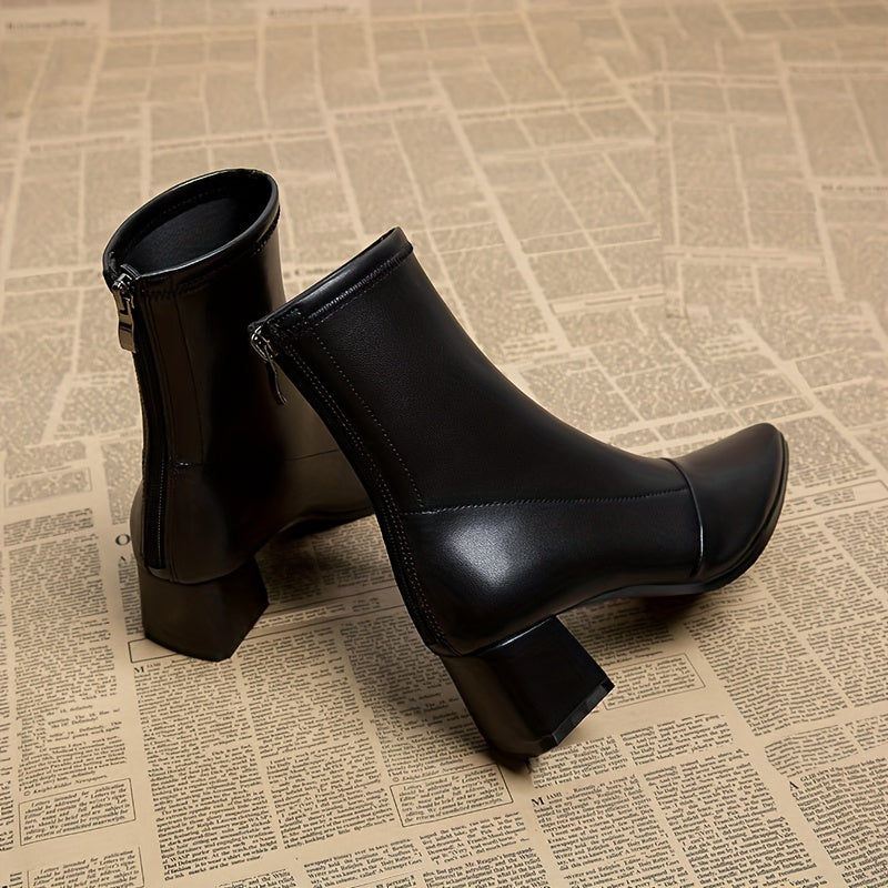 Women’s Faux Leather Pointed Toe Chunky Mid-Heel Ankle Boots Black All-Season