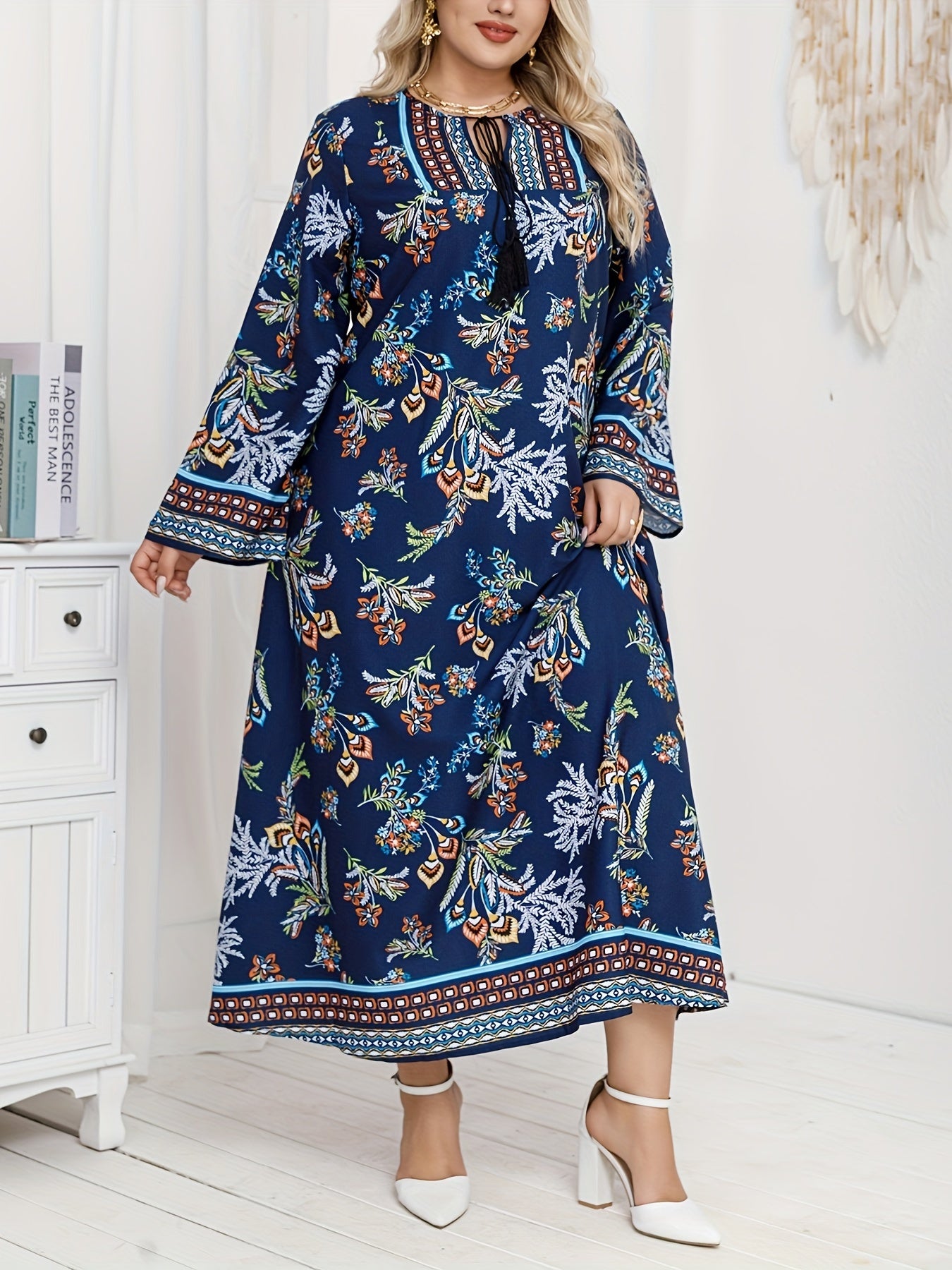 Plus Size Women's Loose Dress Middle Eastern Style Elegant Print Casual