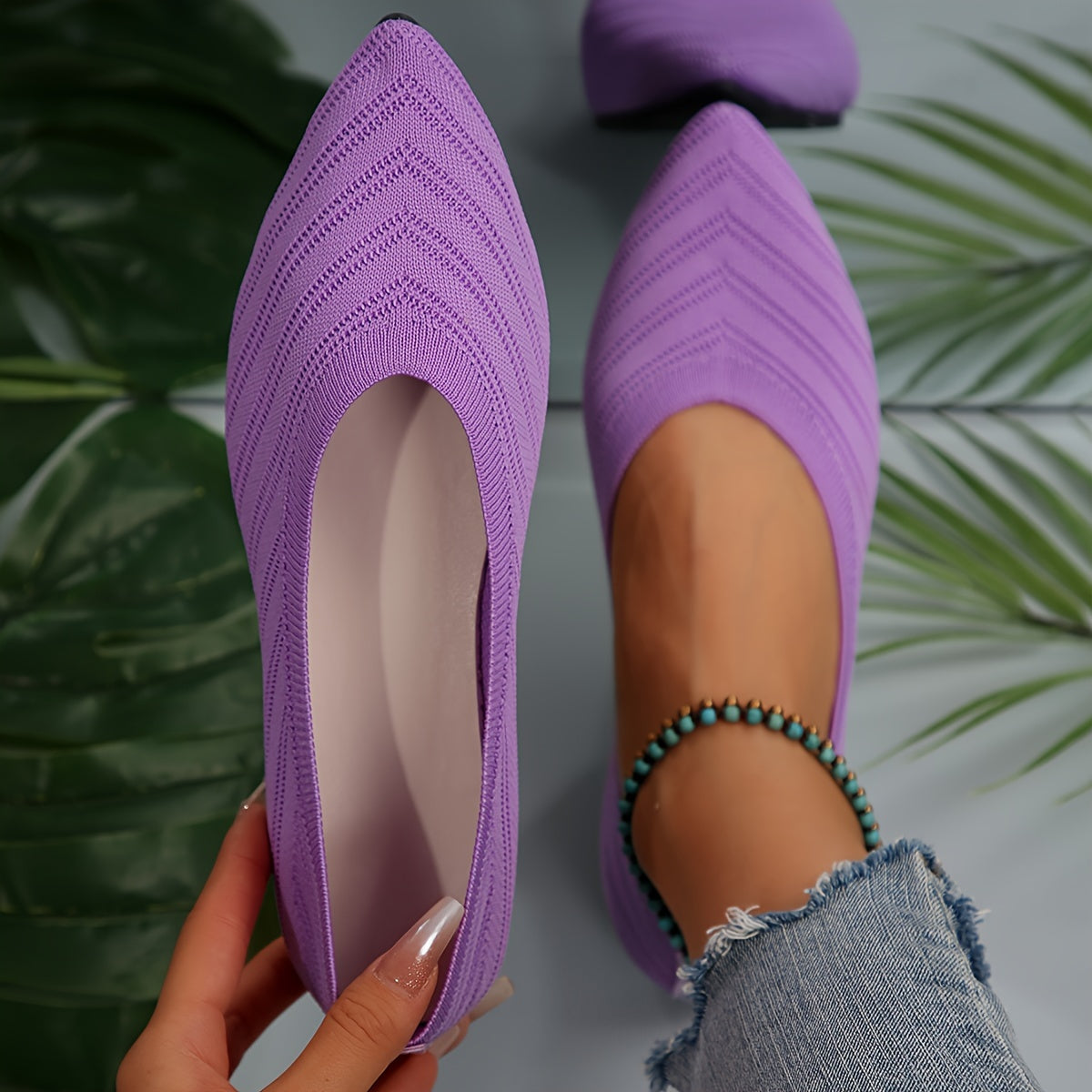 Women's Knitted Slip-On Ballet Flats with Pointed Toe Solid Color Casual All-Season