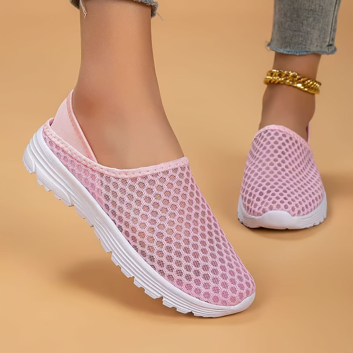 White Mesh Slip-On Walking Shoes with Stability Support for Summer