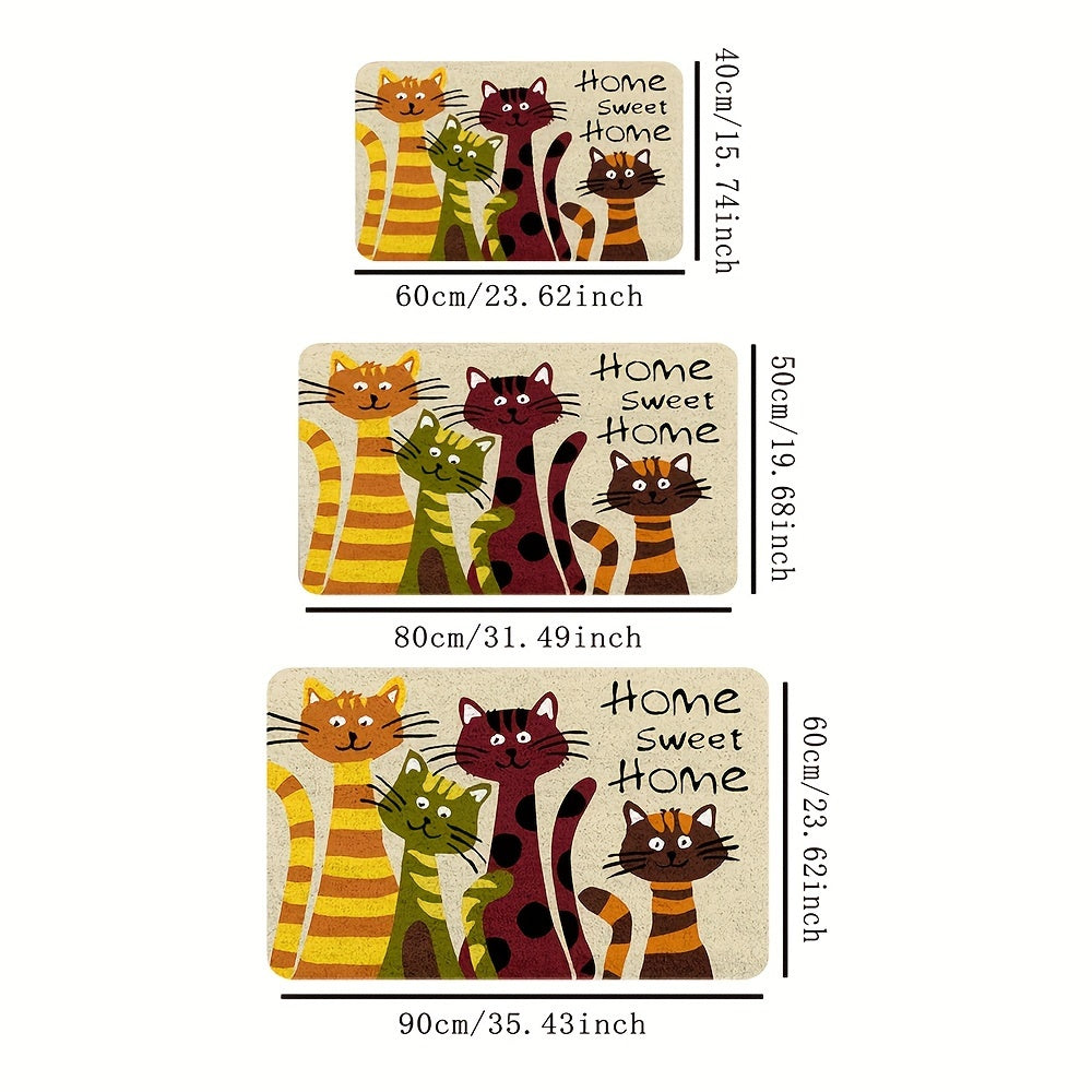 Felpudo de gatos de dibujos animados antideslizante de poliéster con patrón de flores para sala de estar o dormitorio