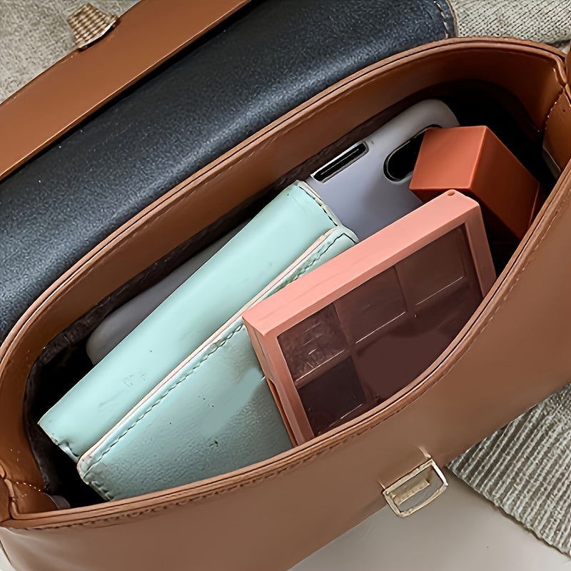 Vintage Faux Leather Shoulder Bag for Women with Buckle Closure and Polyester Lining Black