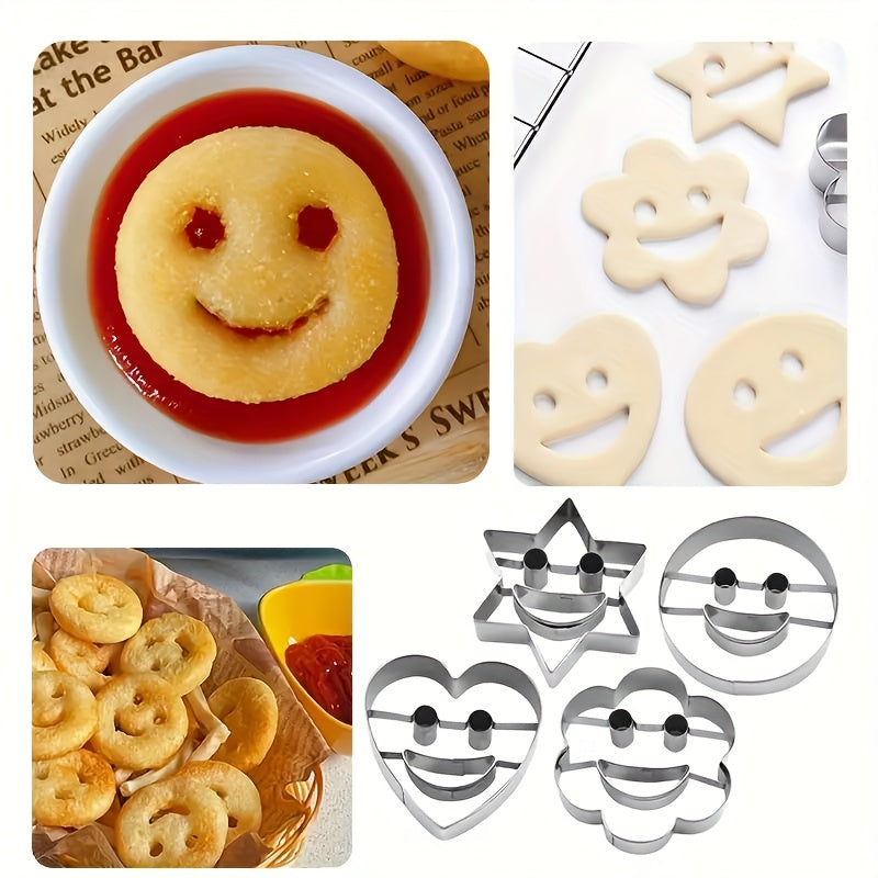 To'rt dona zanglamaydigan po'latdan yasalgan tabassum yuzli pechenye qoliplari.