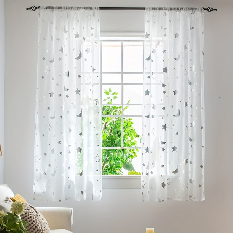 White Tulle Curtains with Silver and Gold Star Moon Cartoon Design for Kids Room