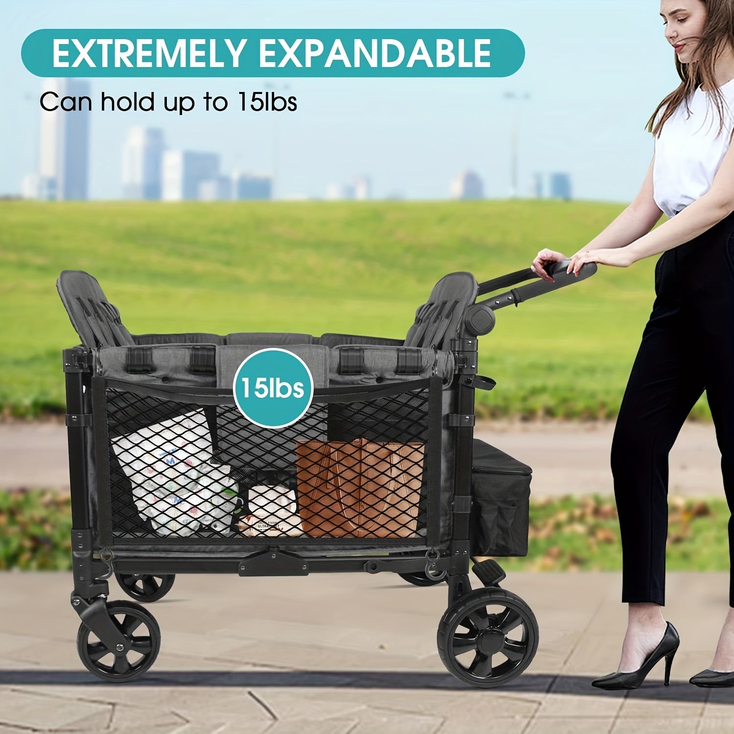 Universal Fit Stroller Wagon Cargo Net with Organizer for Large Storage