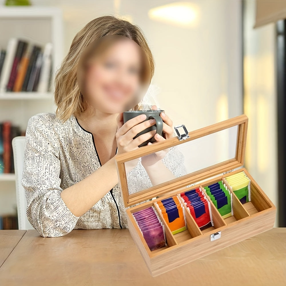 Bamboo Tea Bag Organizer Storage Box with Clear Lid Coffee and Teabag Compartments