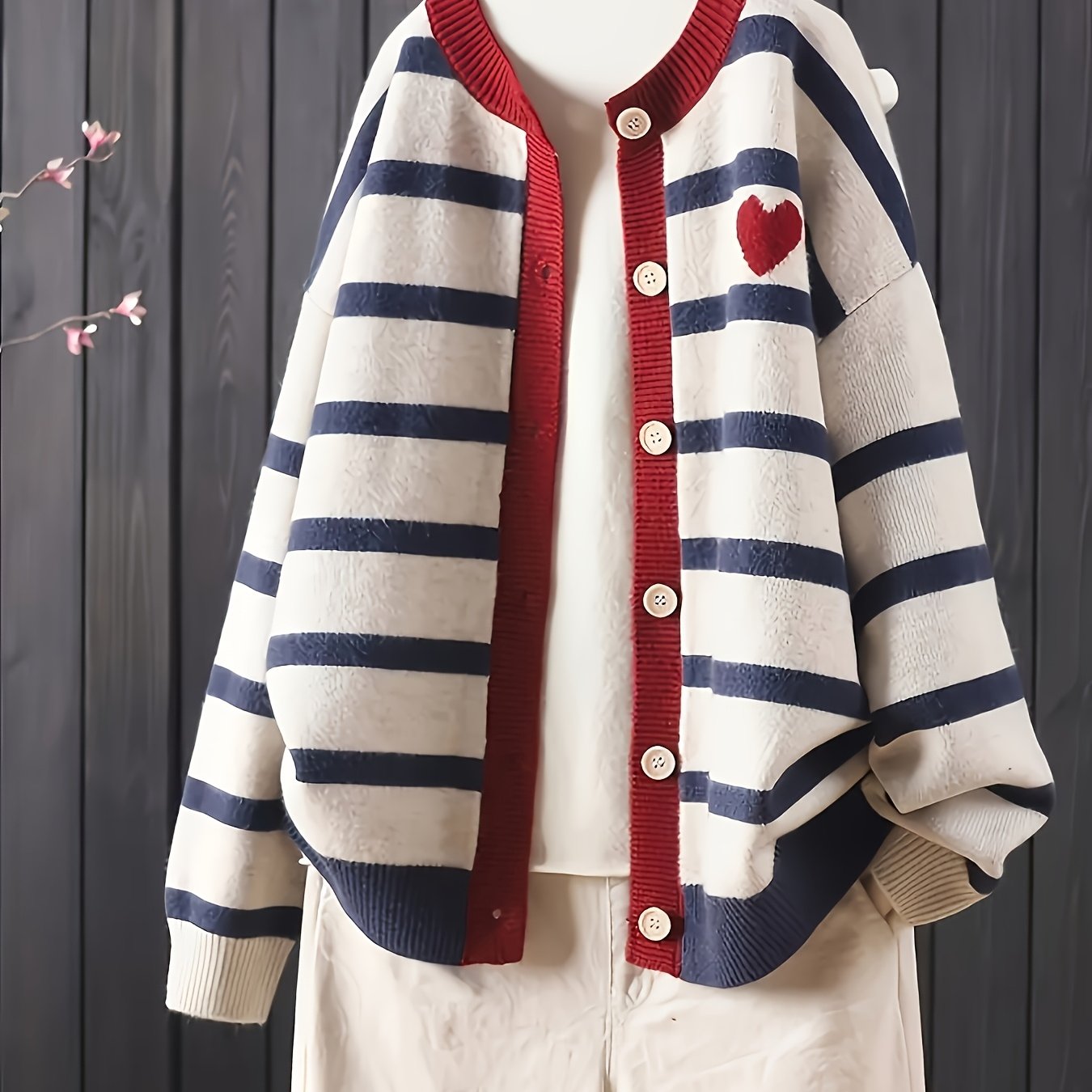Plus Size Women's Striped Cardigan with Heart Detail Long Sleeve Open Front Sweater Navy Beige Red