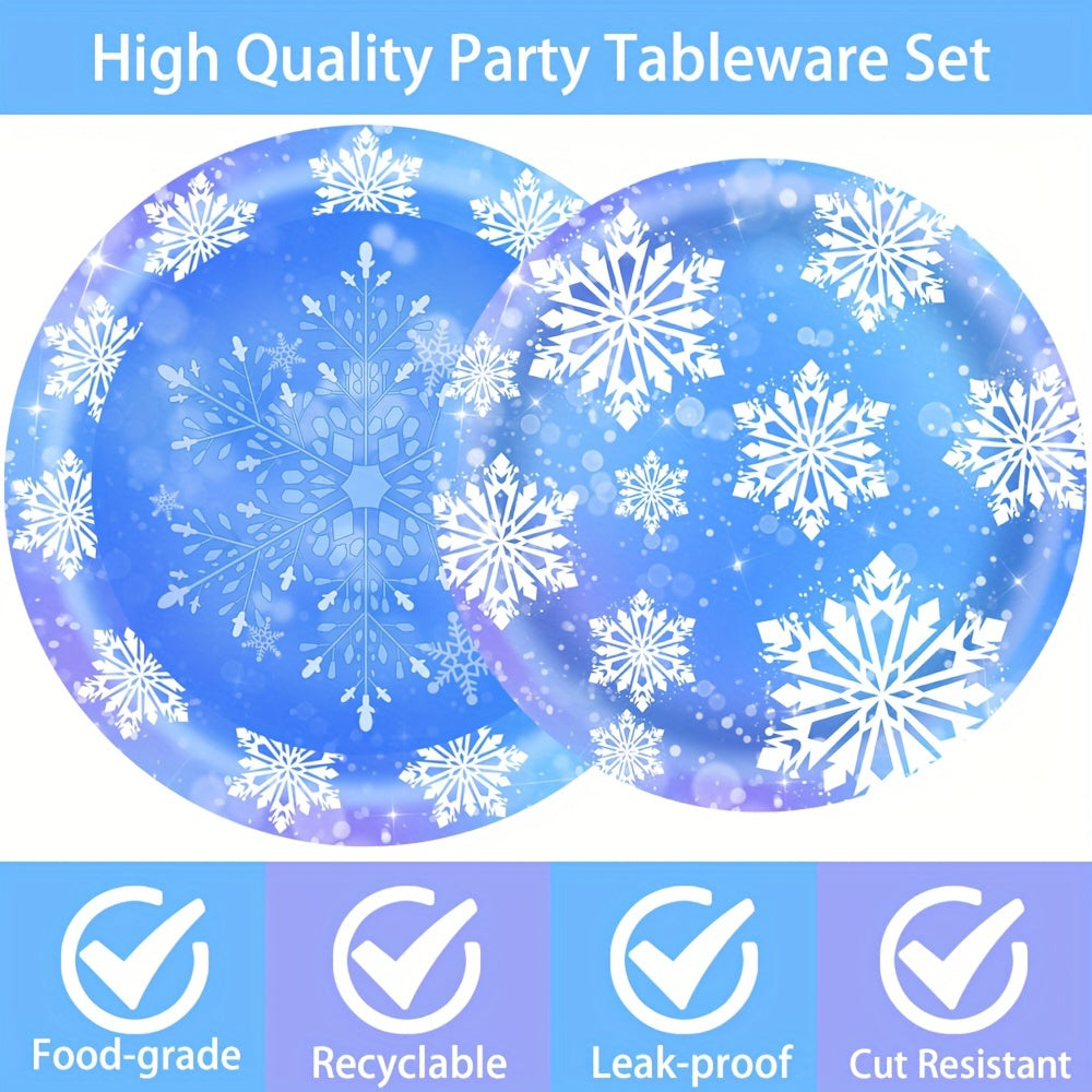 Paquete de suministros para fiesta de invierno congelado, platos de papel con copos de nieve, servilletas, vasos, 10 piezas