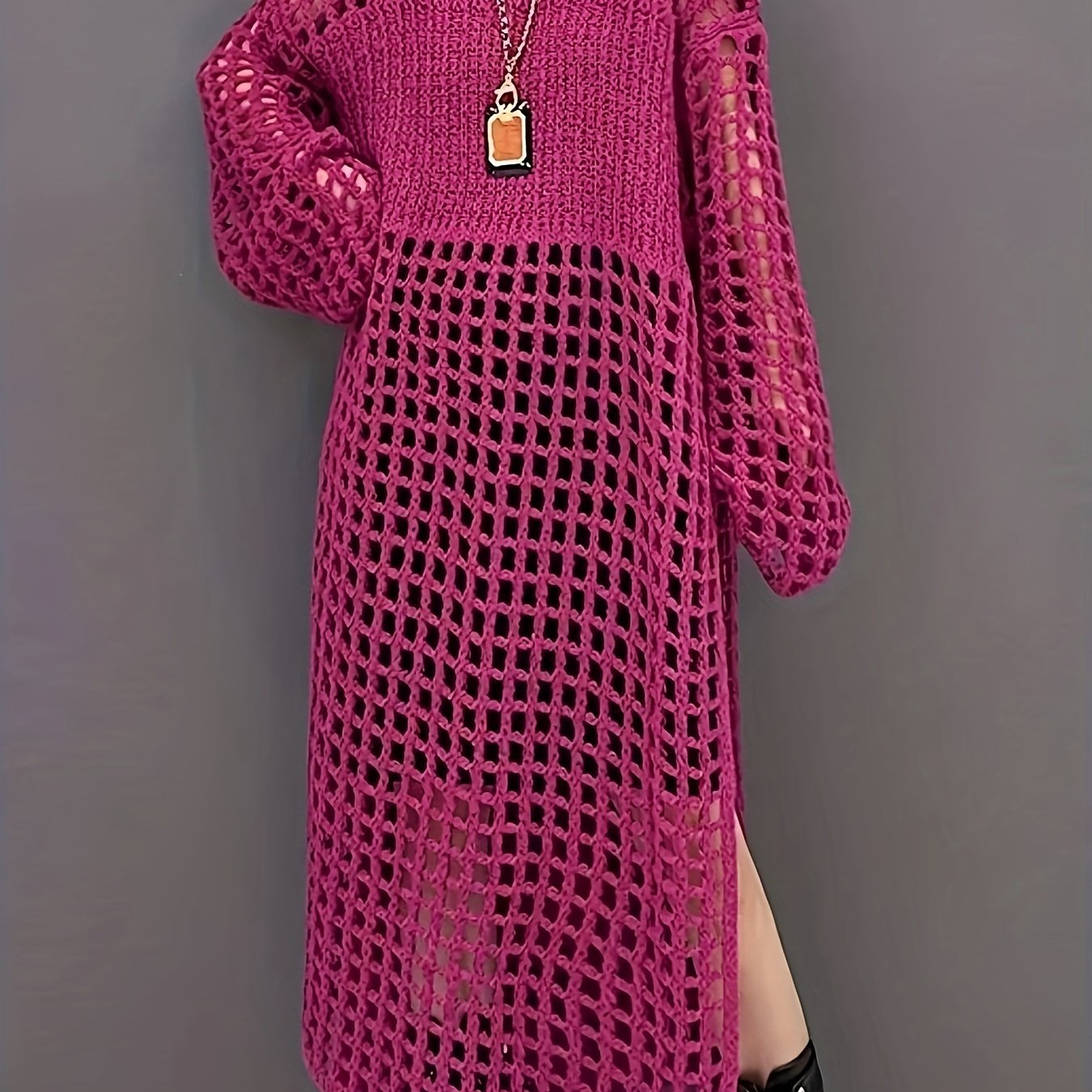 Qora to'qilgan plyaj kiyimi, uzun qo'l, bo'sh joyli, tənəffüs qiladigan polyester aralashmasi, ta'til uchun kiyinadigan qoplama