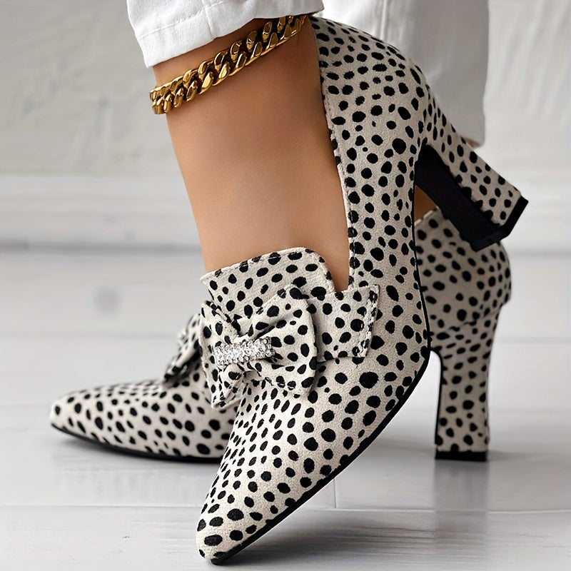 Women's Cheetah Print Pumps Rhinestone Bow Slip-On Pointed Toe Chunky Heels