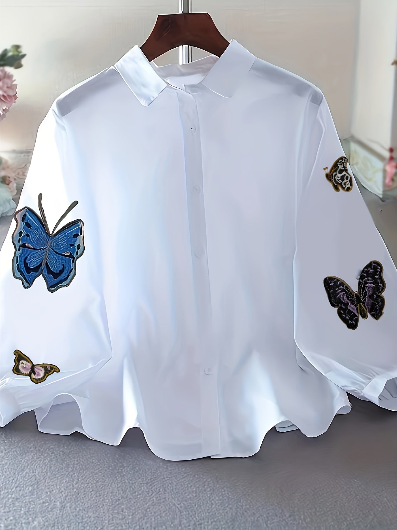 Women's Long Sleeve Butterfly Print Shirt for Spring Summer Polyester Embroidered Elegant