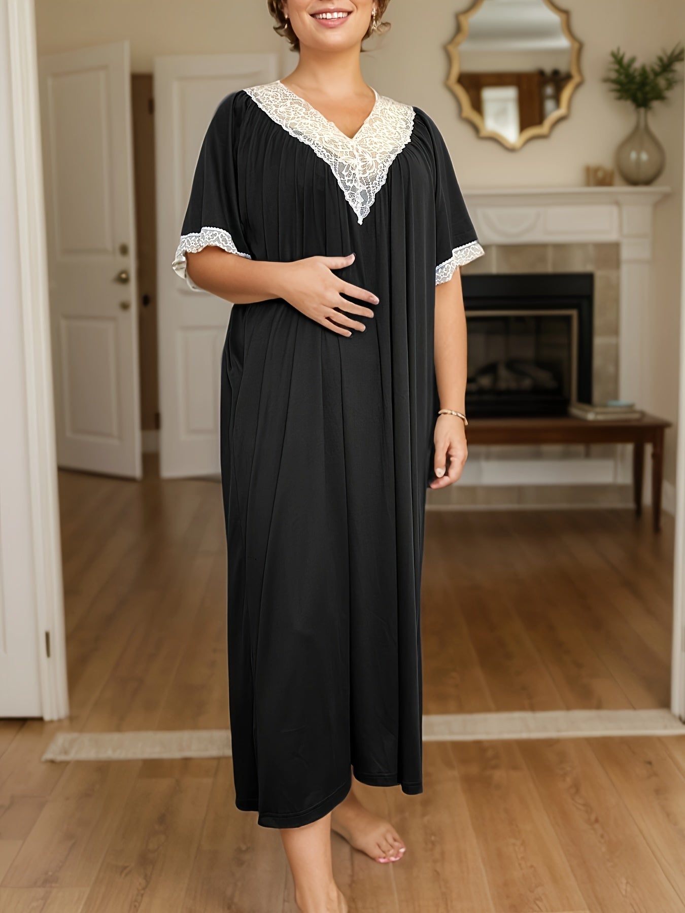 Women's Plus Size Black Midi Nightdress with White Lace V-Neck Sleepwear