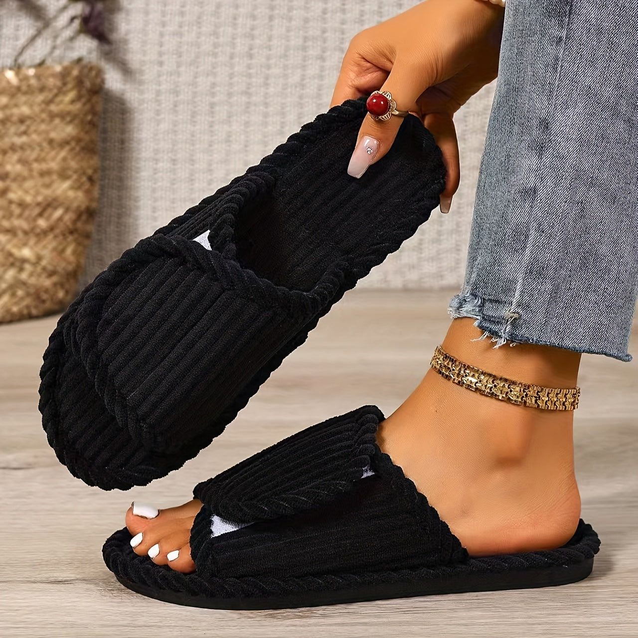 Unisex Striped Fabric Slip-On Slippers Soft Cushioned Non-Slip Rubber Sole