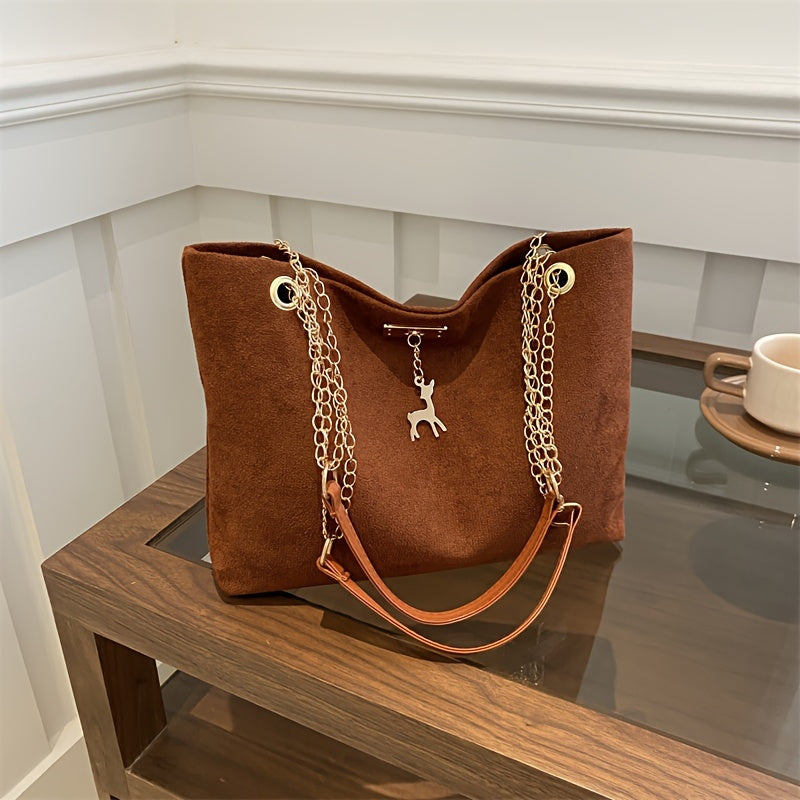Bolso tote para mujer con colgante de ciervo, gran capacidad, cierre magnético de PU negro, correas de cadena