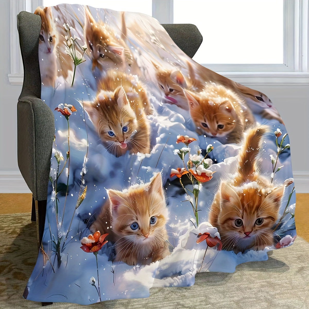 Soft Flannel Throw Blanket with Kitten Design for Bed Sofa Comfort