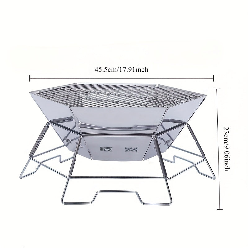 Портативный гриль из нержавеющей стали для барбекю, кемпинга, пикников и приготовления на открытом воздухе. Складной шестиугольный дизайн с регулируемыми ножками и вентиляционными отверстиями.
