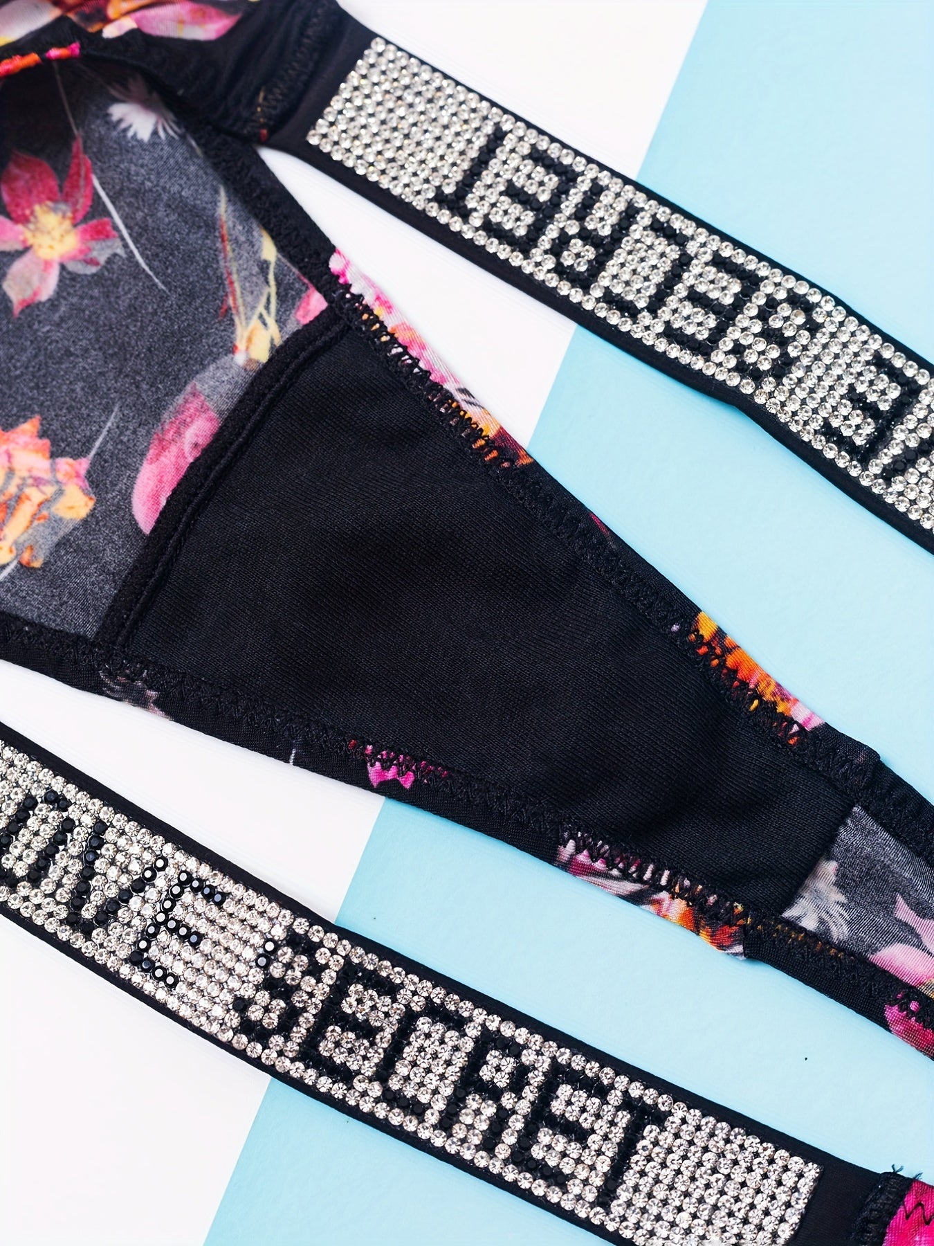 Women's Rhinestone Letter Thongs Low Waist Sports Lingerie Set 6 Pieces