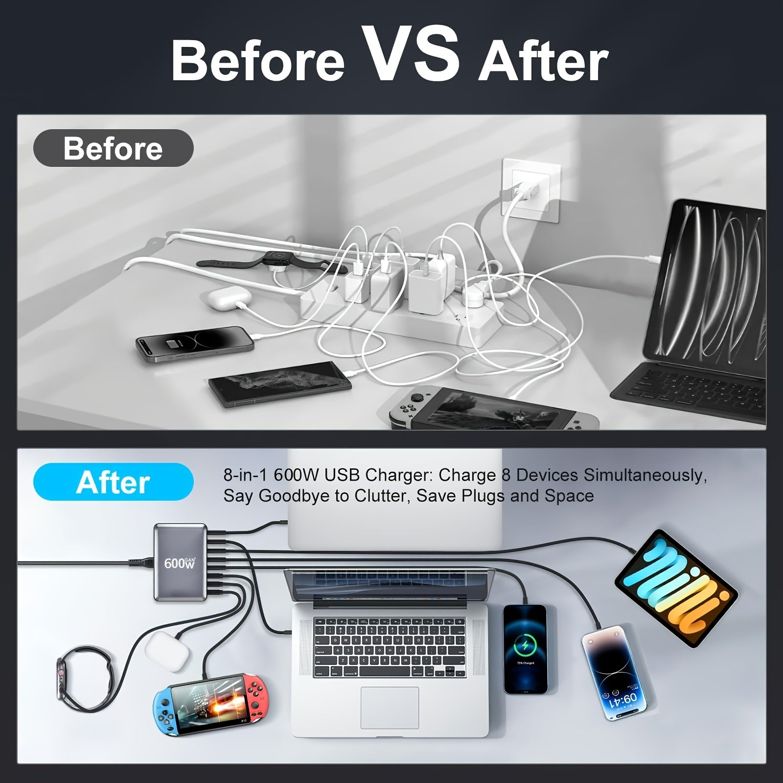 600W 8-port USB Type C tez zaryadlovchi Gan Fast Charge 3.0 planshetlar va mobil qurilmalar uchun