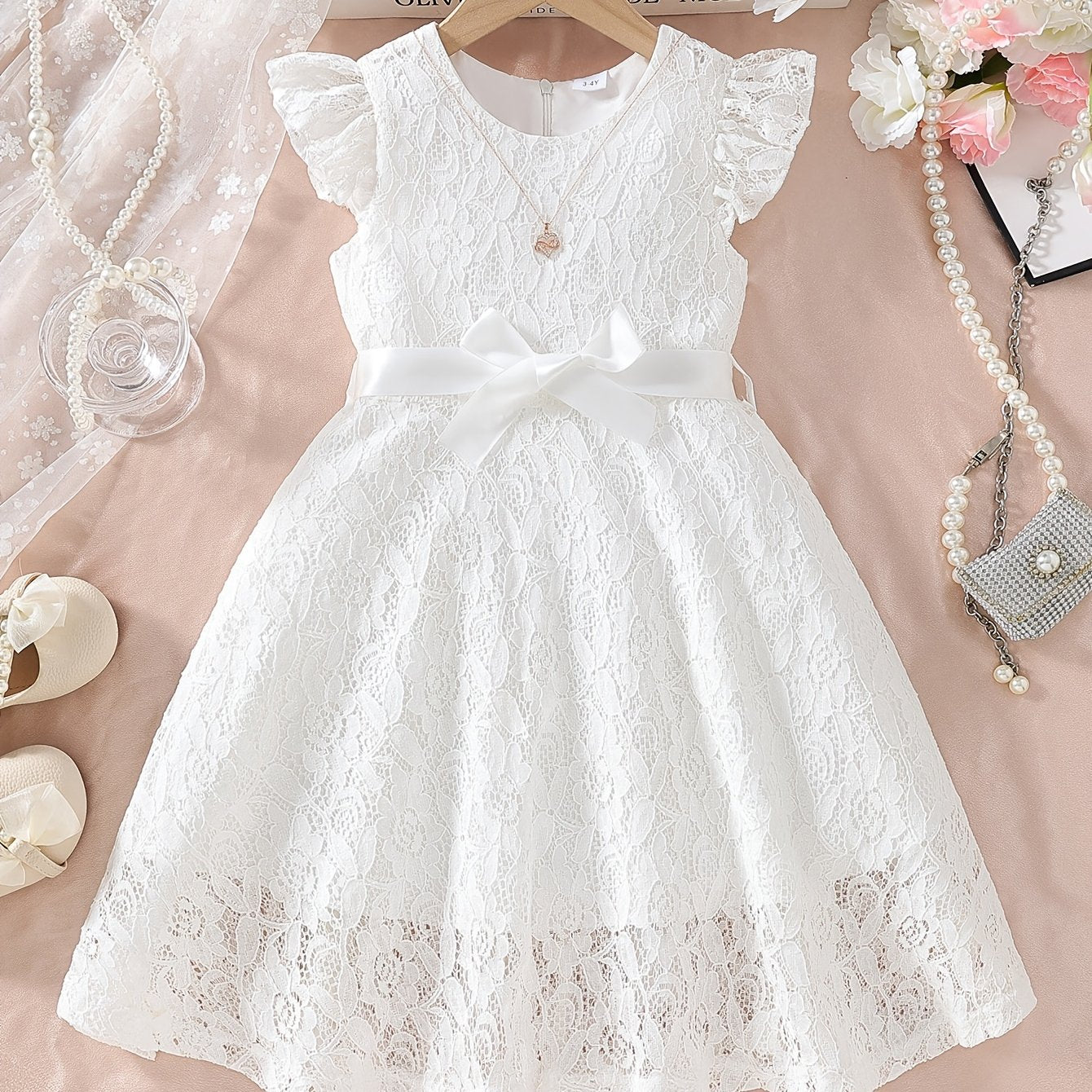 Girls' Summer Dress with Lace Detail Belt Flutter Sleeves Knee Length Fit and Flare Solid Polyester