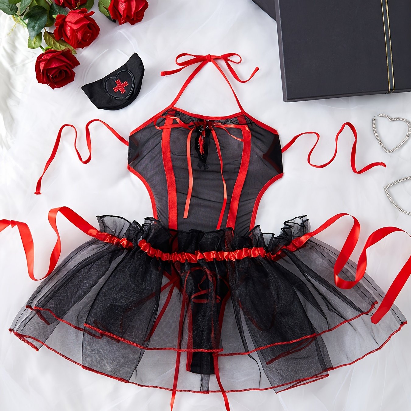 Women's Seductive Lace Lingerie Set with Hairband Bodysuit and Skirt