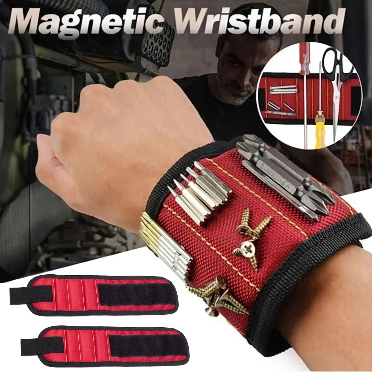 Magnetic Wristband for Screws Nails and Drills Red Fabric Tool Holder