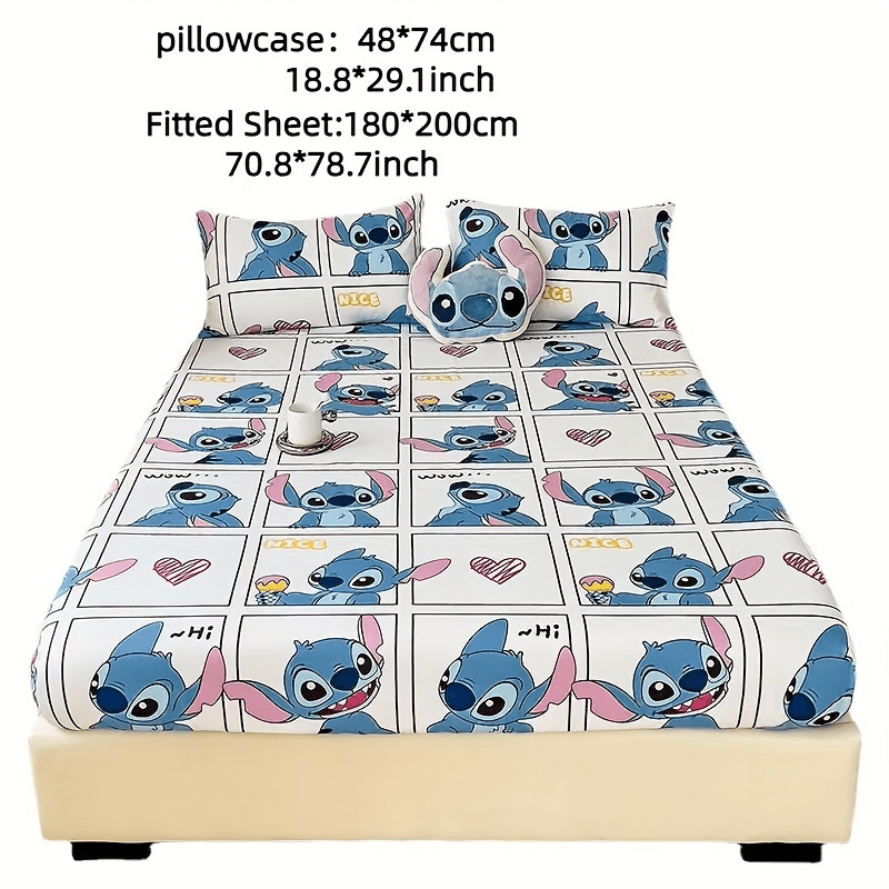 Conjunto de ropa de cama de Disney Stitch de 3 piezas para niños con sábana ajustable, fundas de almohada y cojín de felpa