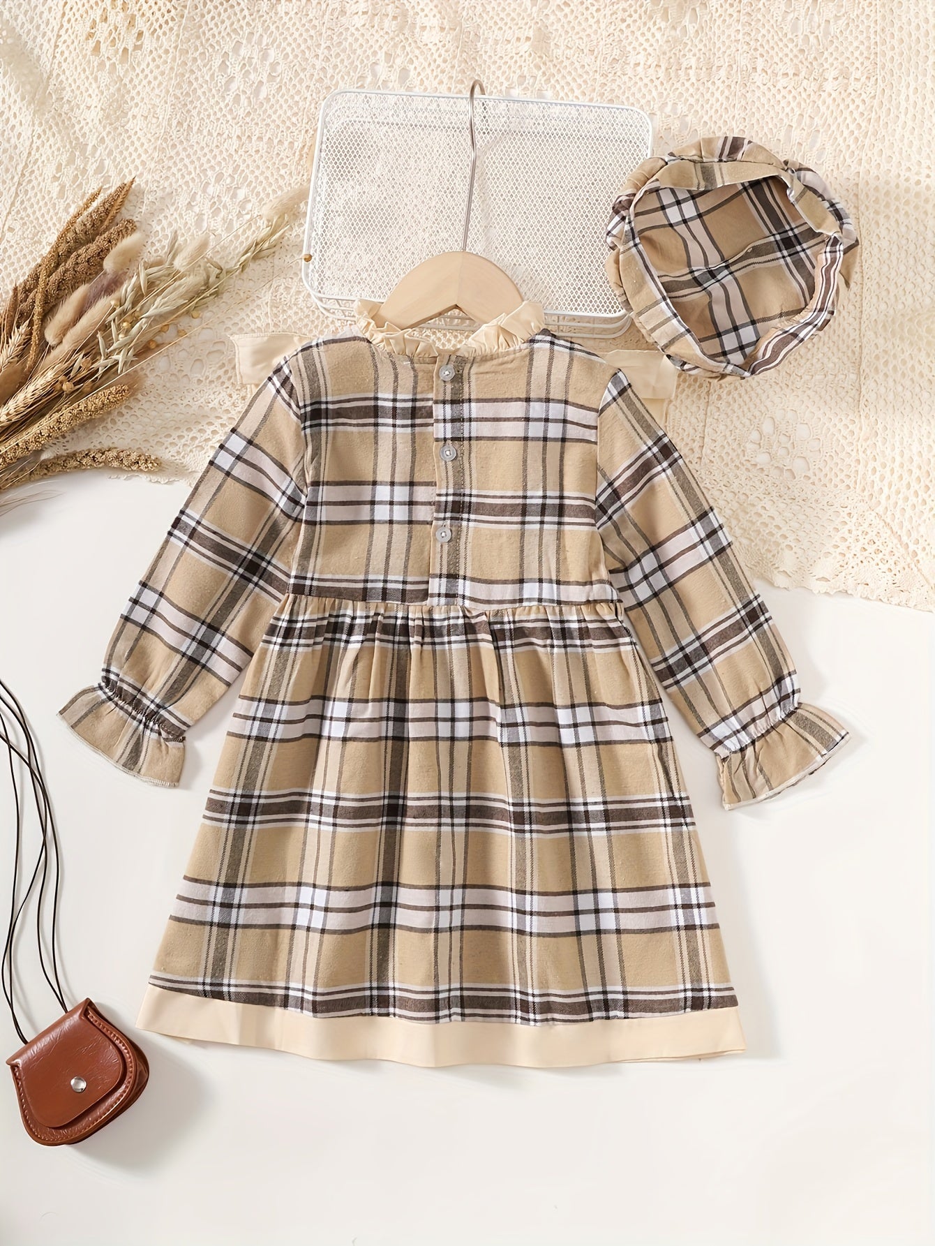 Girls' Plaid Long Sleeve Dress with Ruffle Trim and Matching Hat for Spring and Fall