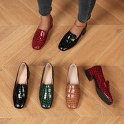 Women's Crocodile Pattern Leather Loafers Square Toe Low Heels Slip-On Shoes