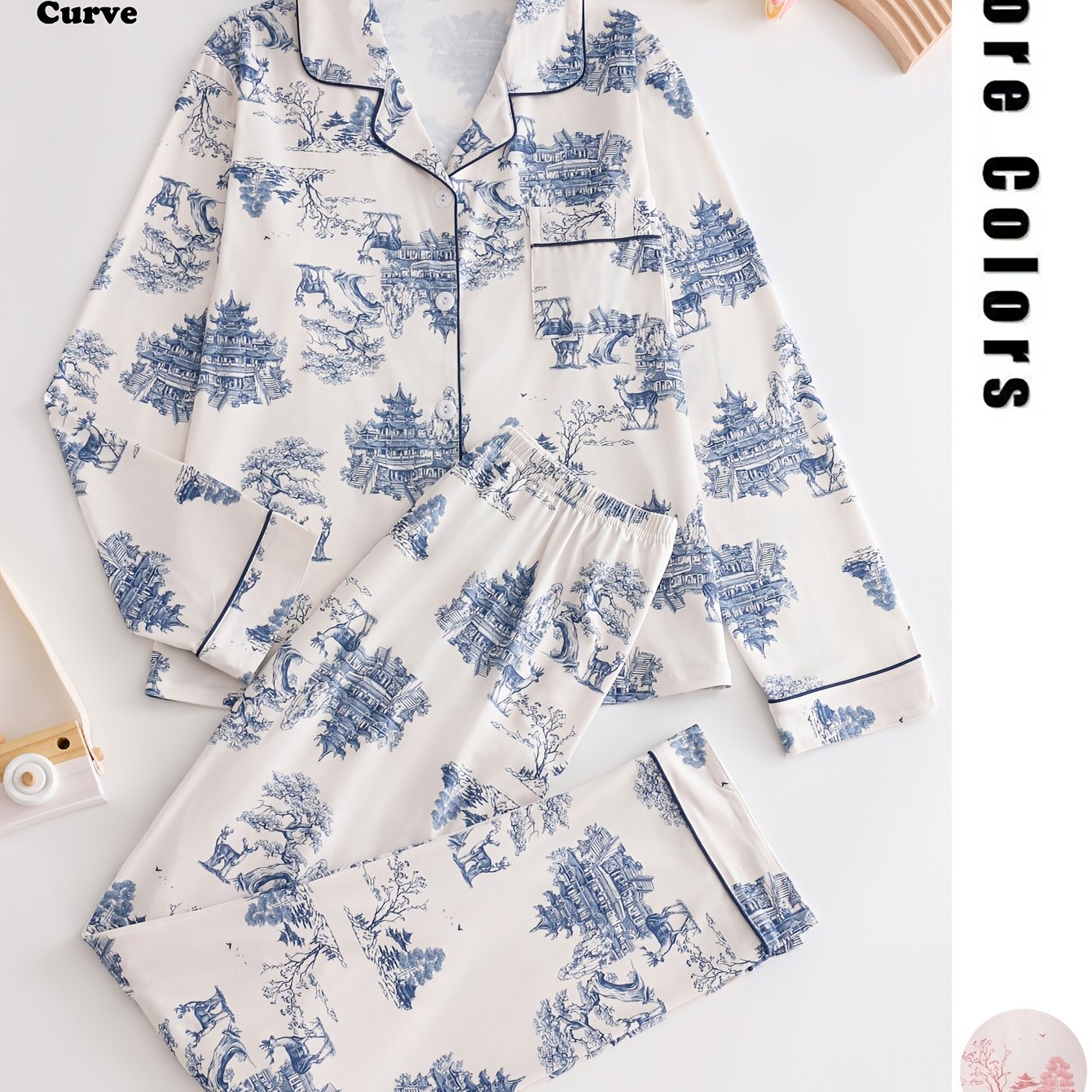 Plus Size Women's Pajama Set with Ink Painting Design Long Sleeve Button-Up Top and Cozy Pants