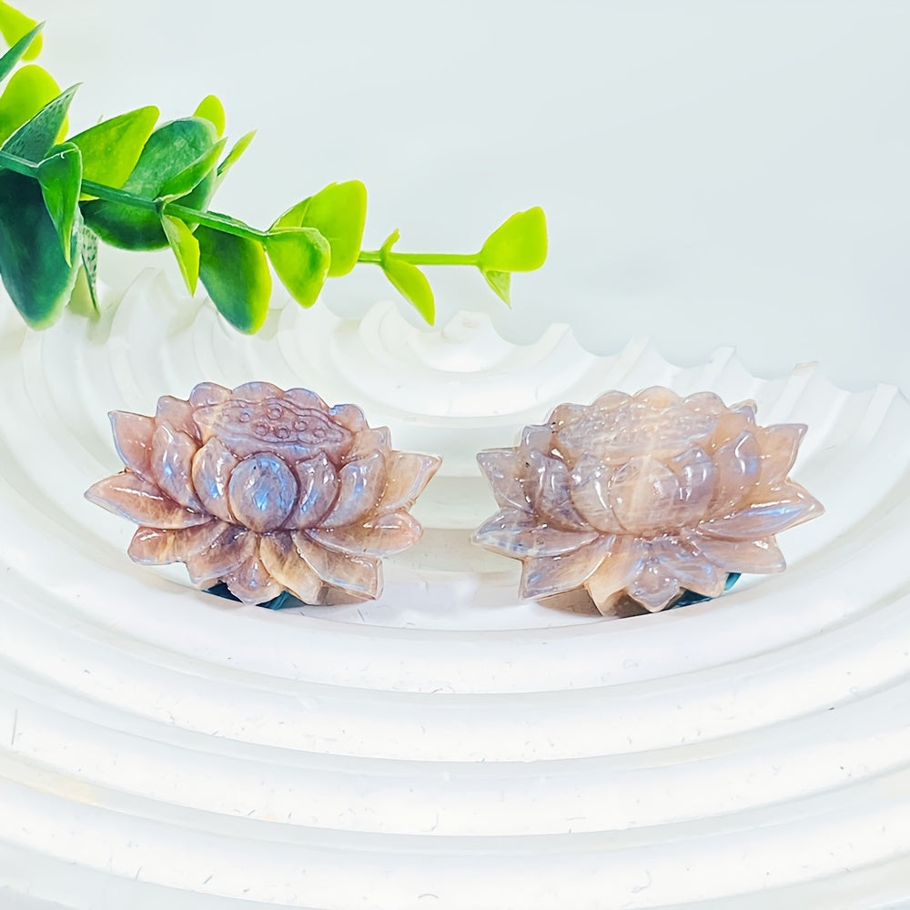 Ручная работа Лунный камень Лотос Цветок Скульптура Кристалл-камень Искусственный драгоценный камень Домашний декор