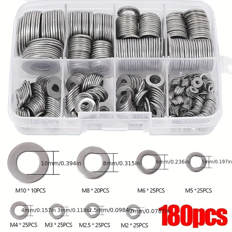180pcs Stainless Steel Washer Ring Set M2-M10 Polished Durable Hardware