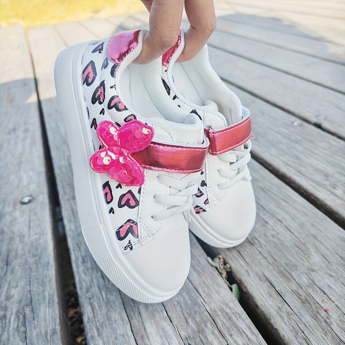 Girls' Sequin Heart and Butterfly Sneakers for Toddlers and Girls Casual Athletic Shoes