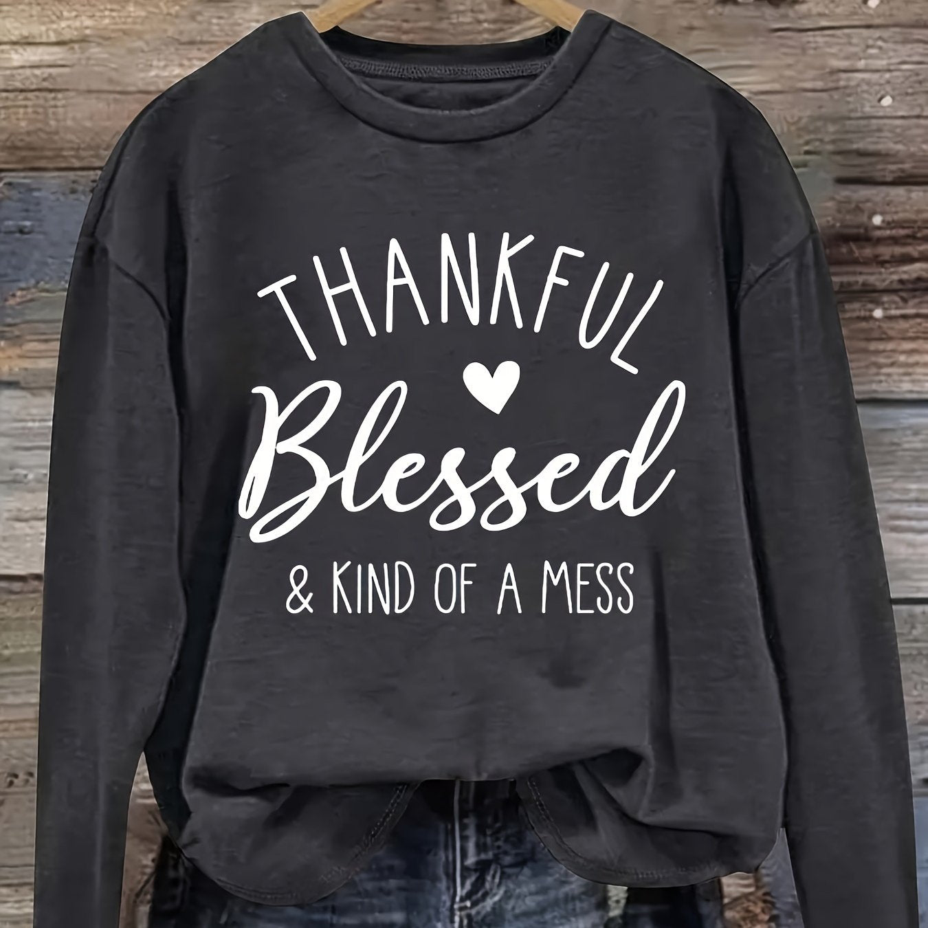 Plus Size Women's Polyester Knit Crew Neck T-Shirt Long Sleeve Casual Alphabet Pattern