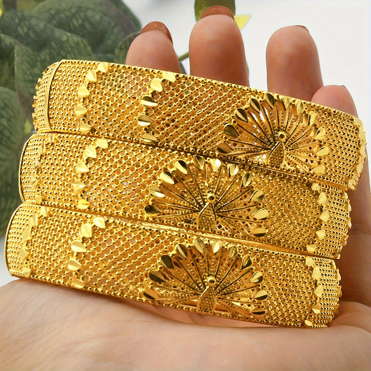 Set of 4 Gold Tone Bangle Bracelets for Weddings and Parties