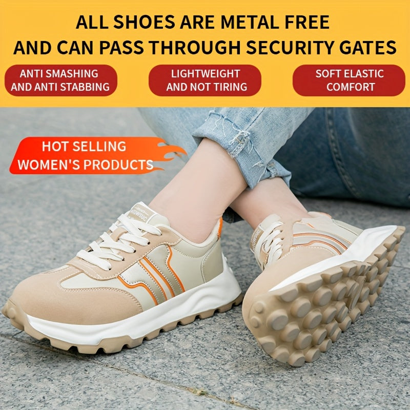 Women's Breathable Safety Sneakers Anti-Smash Puncture Comfort Beige Orange