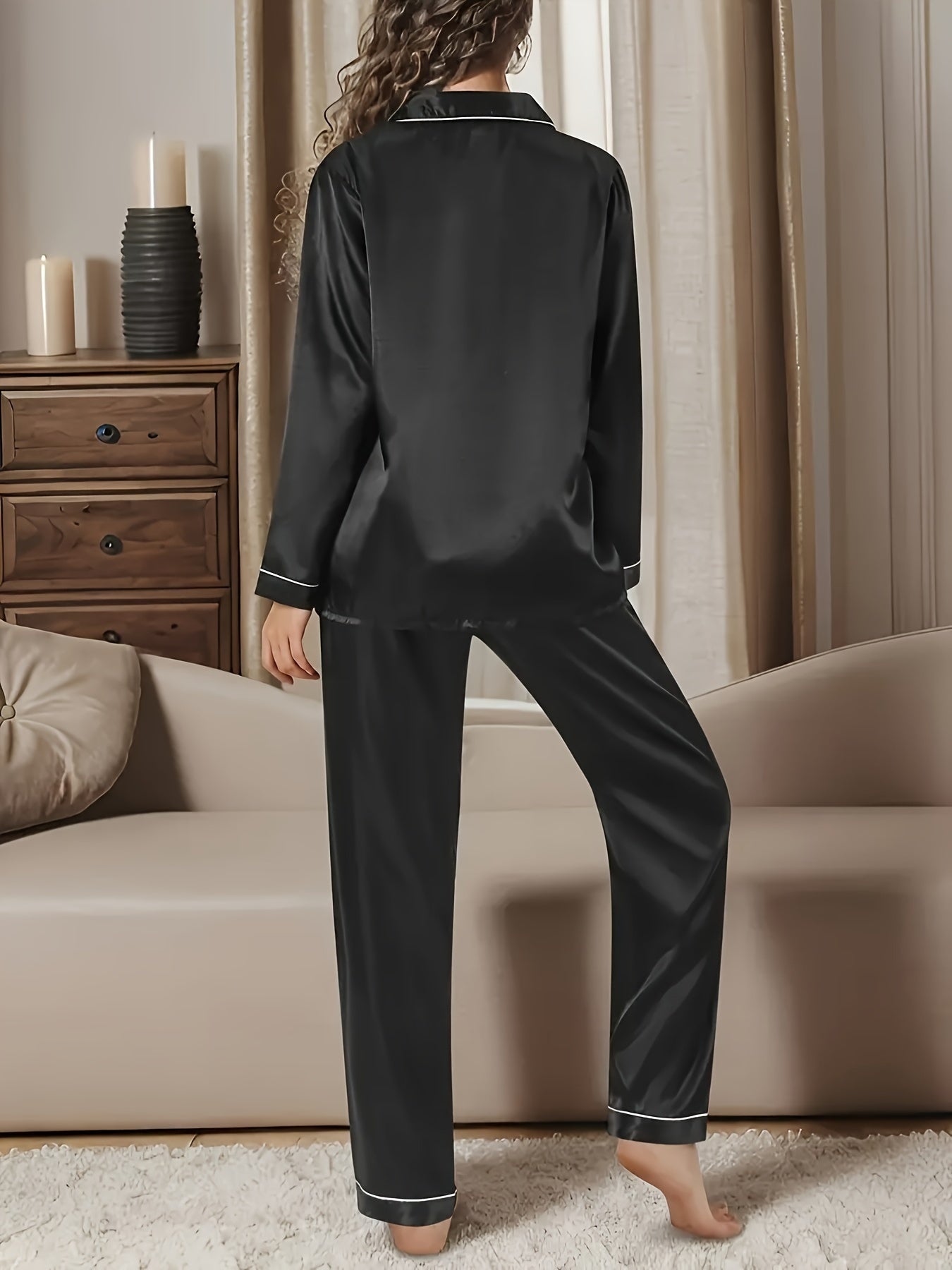 Women's Satin Lounge Set Long Sleeve Button-Up Top Elastic Pants All-Season