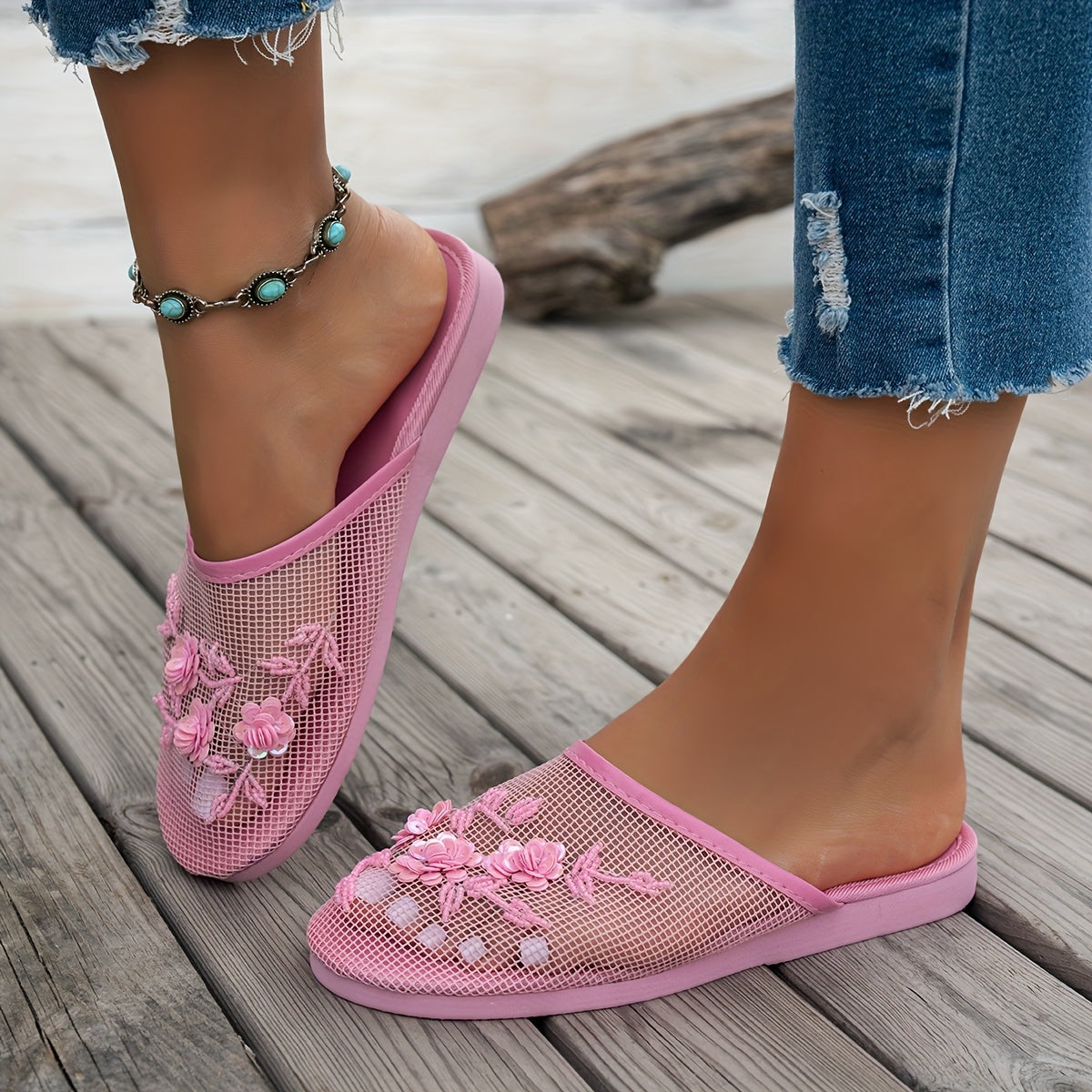 Women's Black Mesh Slide Sandals with Spider Web Pattern Lightweights