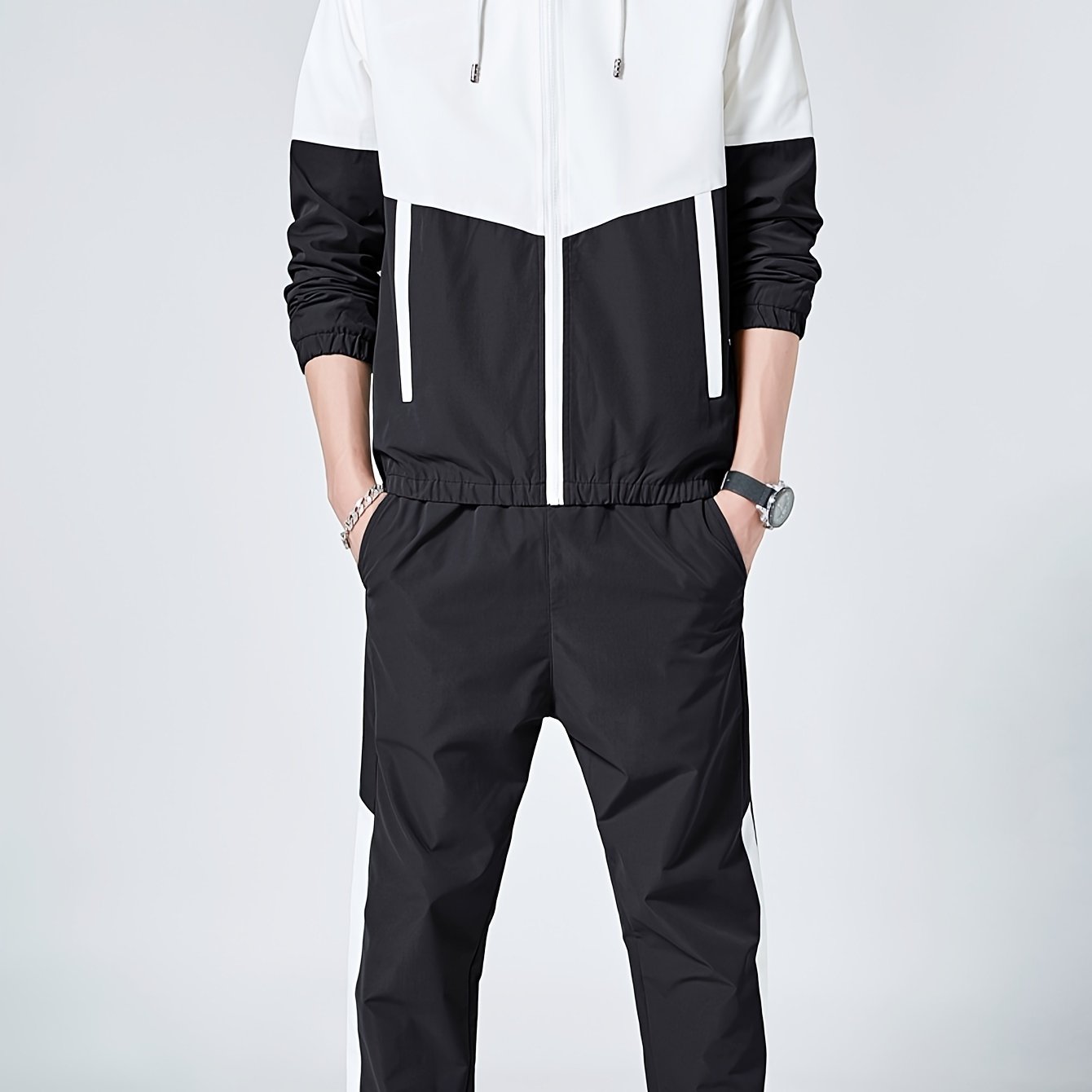 Мужской зеленый и белый спортивный костюм из полиэстера с плетением, куртка с капюшоном и штаны для бега, гольфа, походов