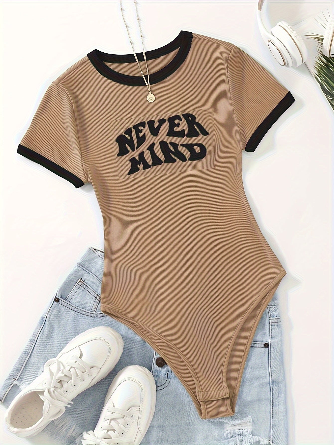 Plus Size Bodysuit Short Sleeve Crew Neck Contrast Trim Spring Summer Women