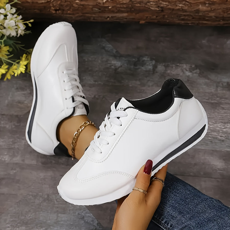 Women's White Breathable Casual Sneakers with Rubber Sole and Black Accents