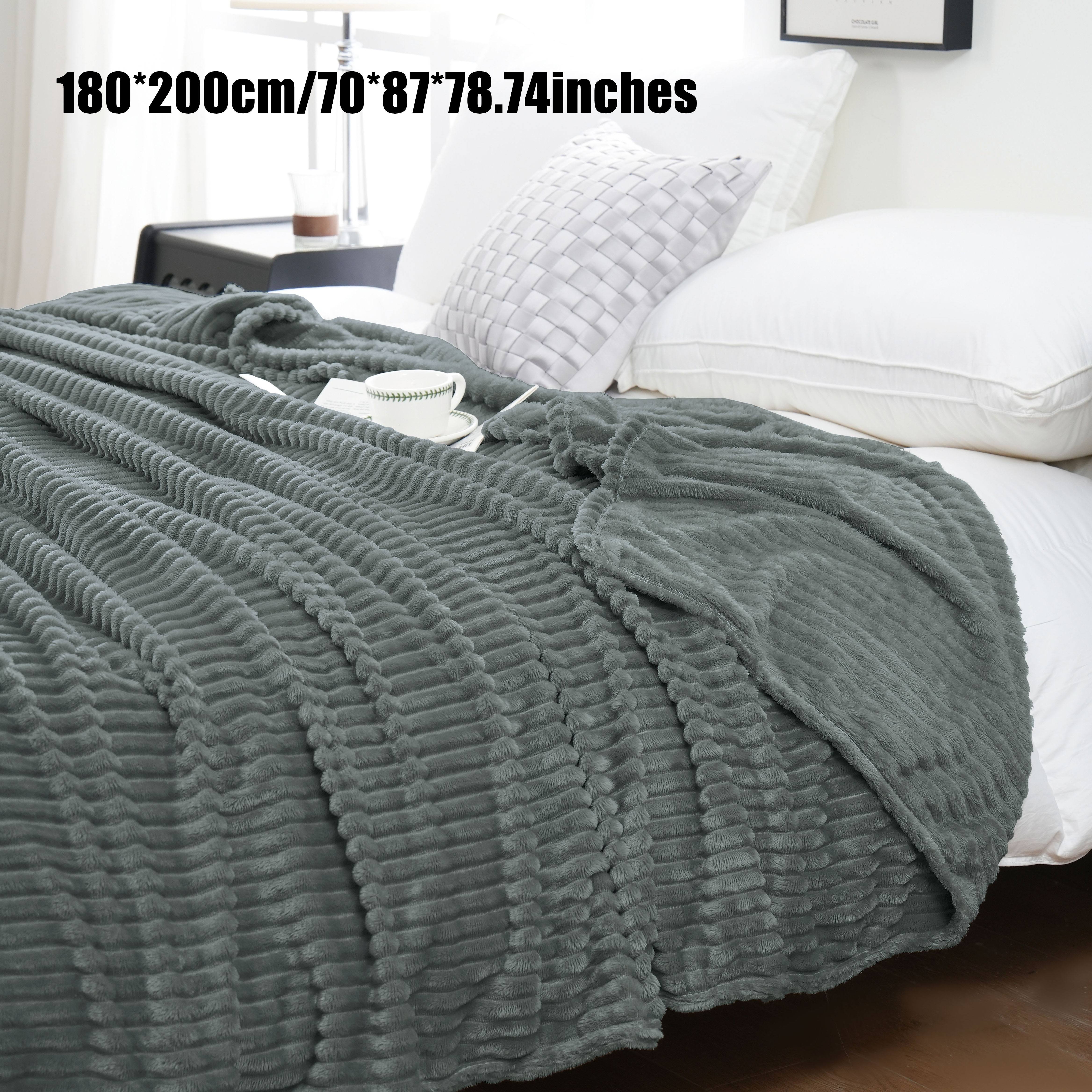 Flannel Throw Blanket 220GSM Ribbed Soft Warm All-Season Bed Sofa Office White Gray Black Beige