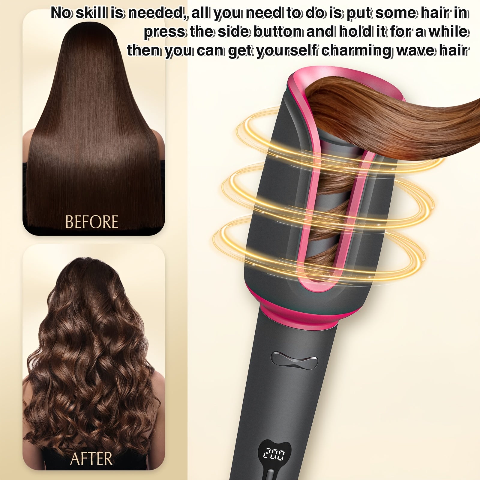 Rizador de cabello automático de 32mm con tecnología de iones negativos, 3 configuraciones de temperatura y temporizador