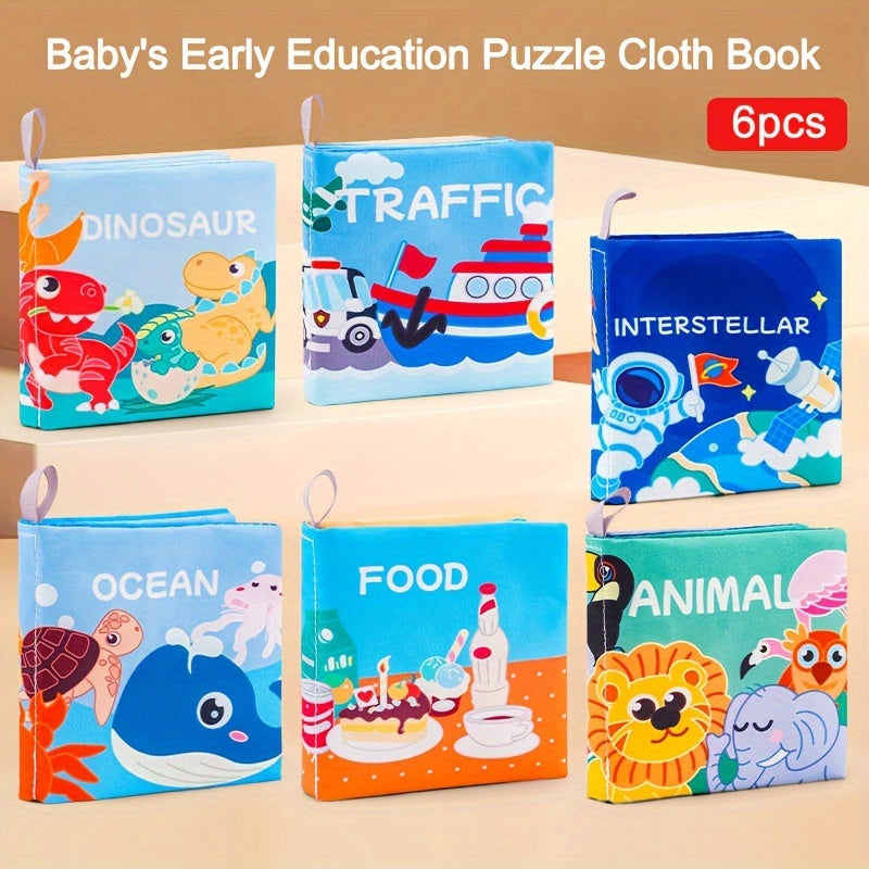 6-Piece Baby Cloth Puzzle Book with Rustling Sounds Ocean Food Animals Space Dinosaurs Traffic