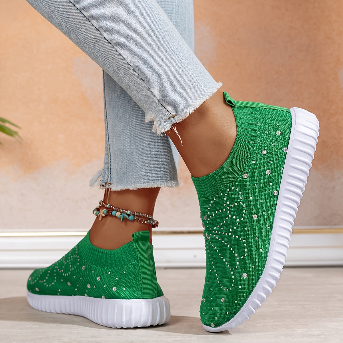 Women's Green Knit Slip-On Sneakers with Sparkling Embellishments