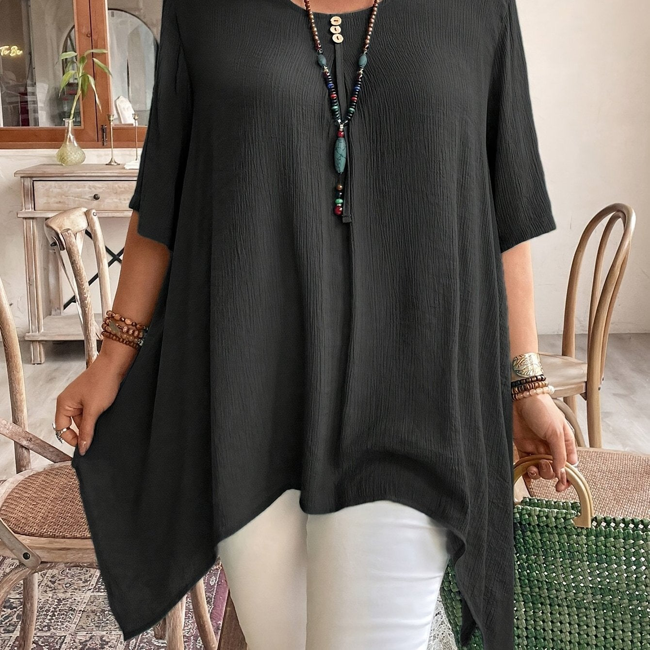 Women's Short Sleeve Shirt Casual Asymmetrical Hem Solid Color Blouse